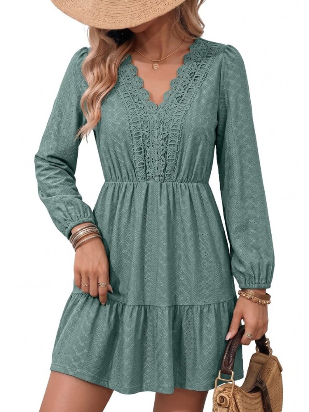 Womens Dresses Lace Hollow Out Embroidered V Neck Long Sleeve Dress